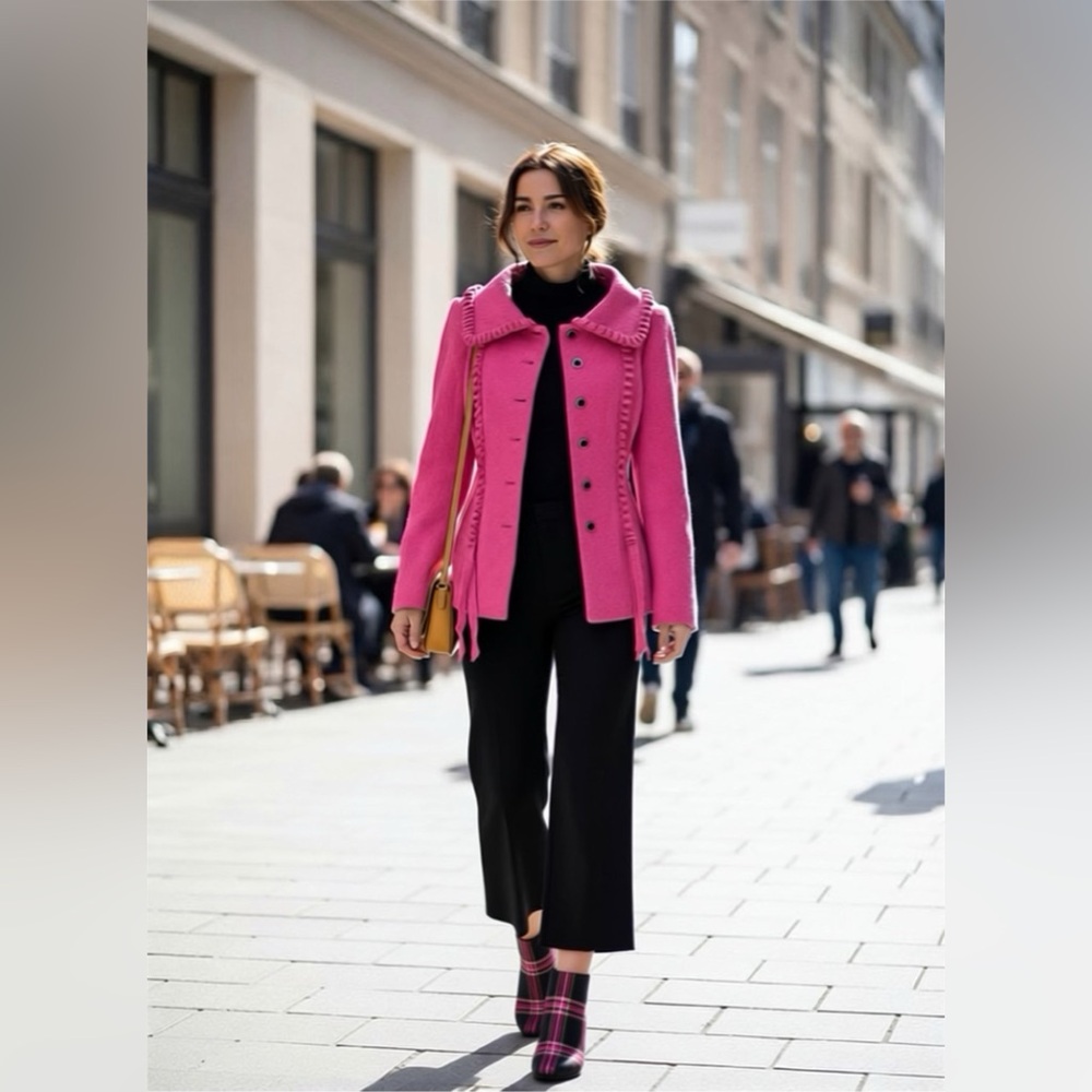 Peggy Jennings VTG felted wool jacket, ribbon-style trim, silk lined, pink, XS - Picture 3 of 17